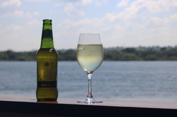 Beer bottle and wine glass